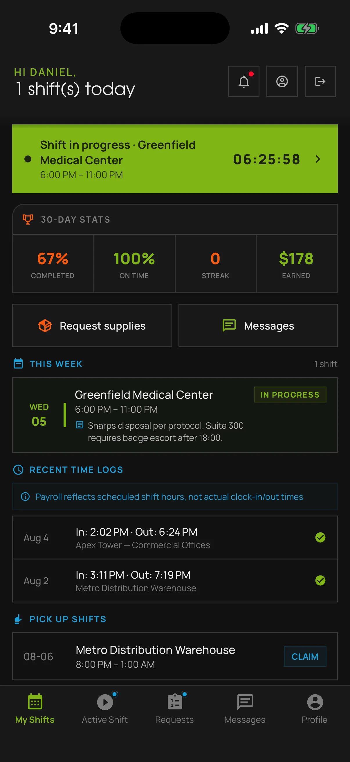 The crew member's home screen in dark theme, showing a shift in progress at Greenfield Medical Center with a running timer, thirty-day statistics for completion and punctuality, the week's schedule, and recent time logs