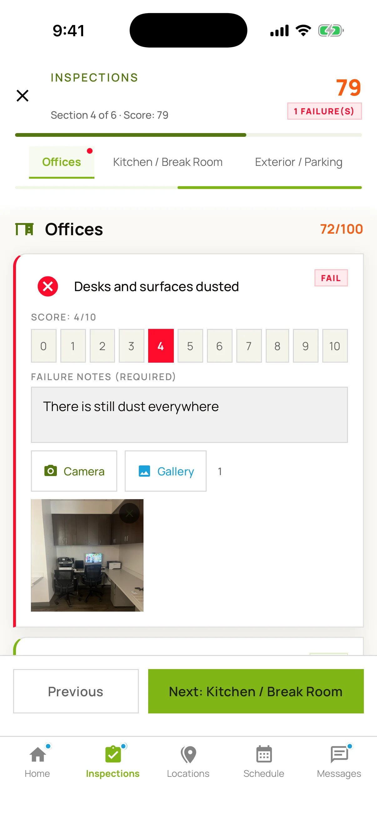 A checklist item marked Fail at 4 out of 10 with a required failure note reading “There is still dust everywhere”, an attached photograph of the area, and the running site score showing 79 with one failure