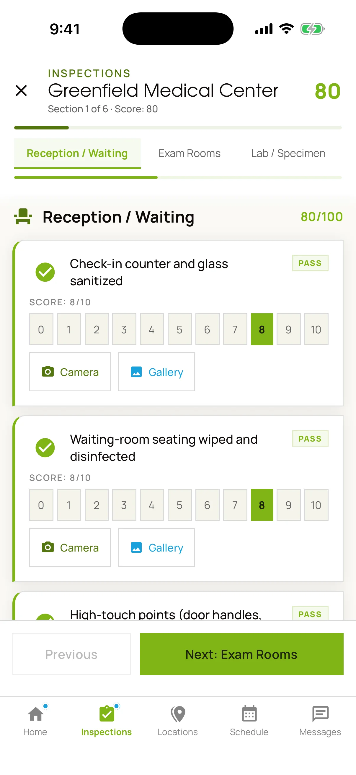An inspection in progress at Greenfield Medical Center, with section tabs reading Reception / Waiting, Exam Rooms and Lab / Specimen, and checklist items for sanitising the check-in counter and disinfecting waiting-room seating