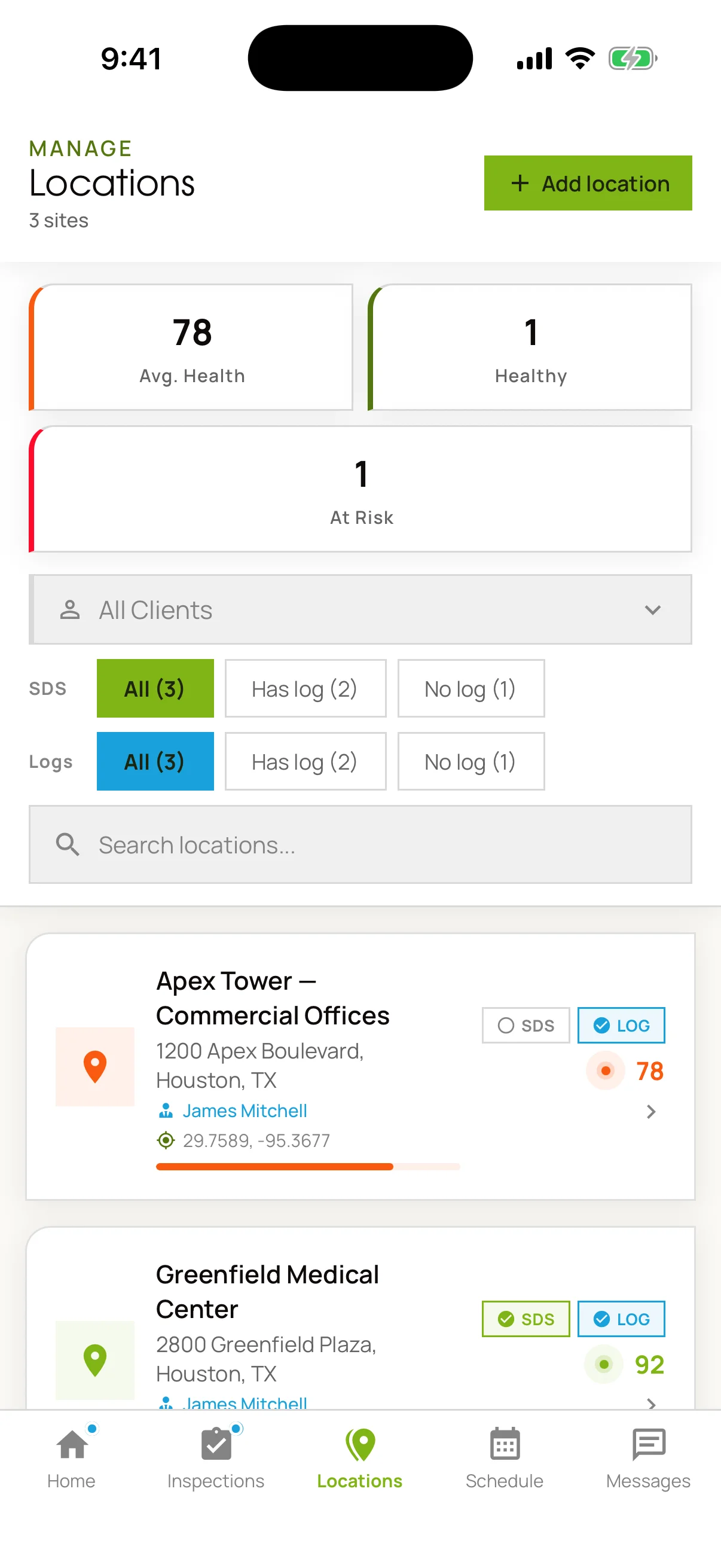 The Locations screen in English showing three sites, an average health score of 78, one healthy site and one at risk