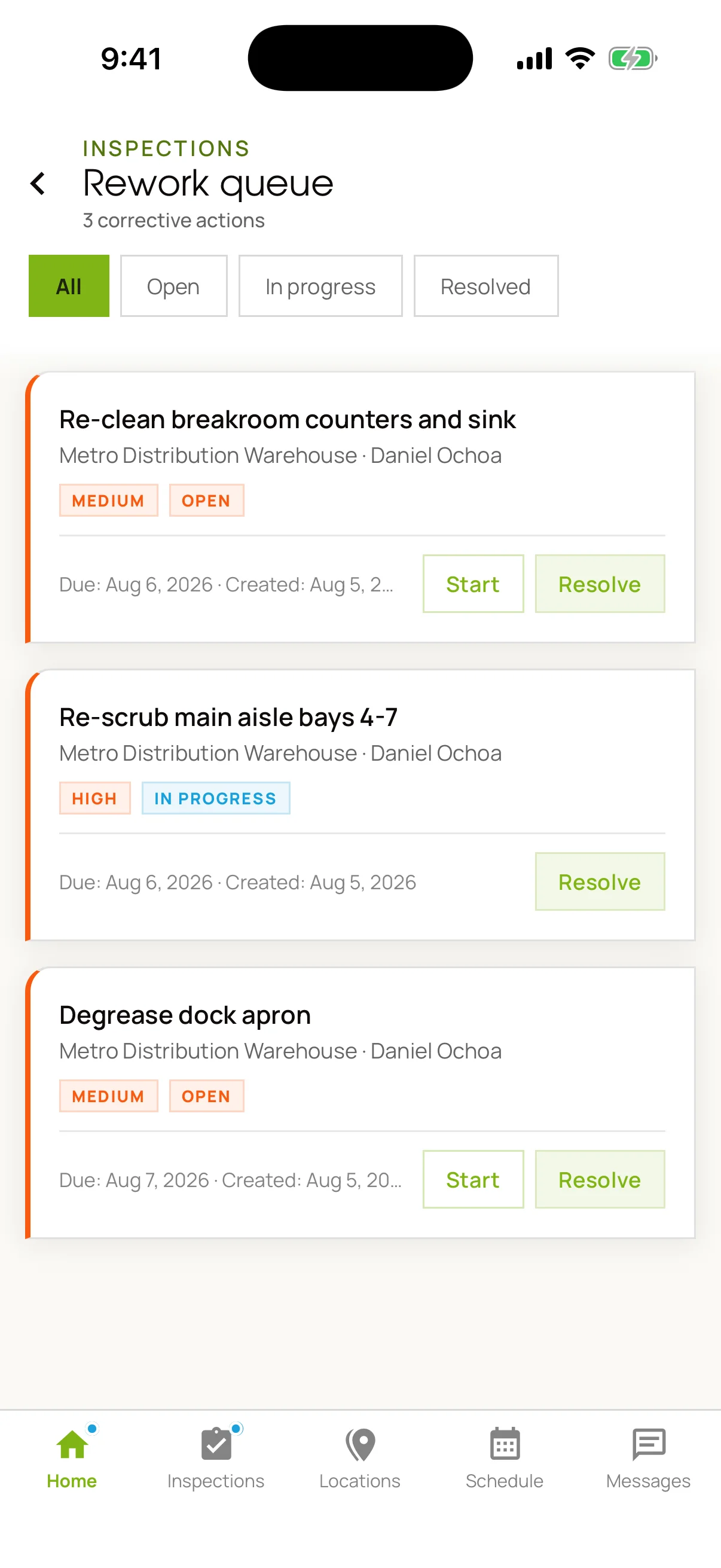 A rework queue listing three corrective actions — re-clean breakroom counters and sink, re-scrub main aisle bays 4-7, and degrease dock apron — each with a site, an assigned crew member, a priority and a due date