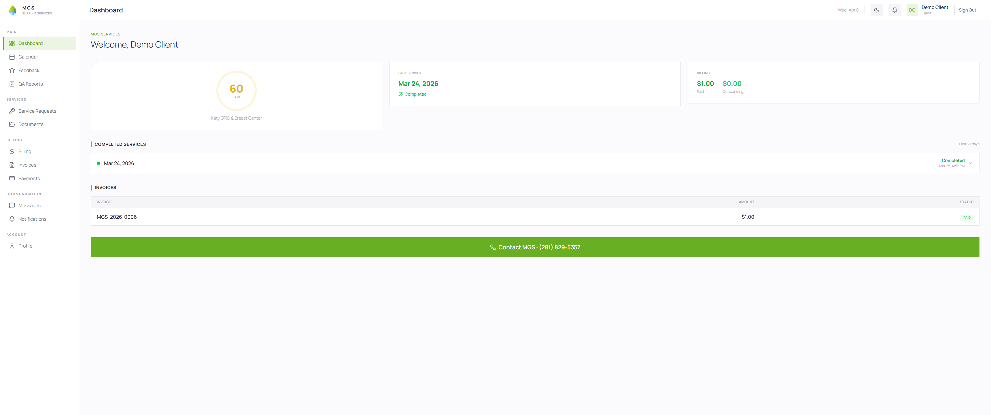 MGS Client Portal — Dashboard showing location health score, service history, and invoices